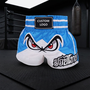 Shorts de Muay Thai pour hommes, bleu et blanc, en satin, mi-élastiques, séchage rapide, écologiques, unisexe, logo personnalisé sur le devant - Product Image 2