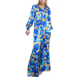 European American stock women's suit 2024 new fashion loose print long-sleeved shirt slit wide-leg pants two