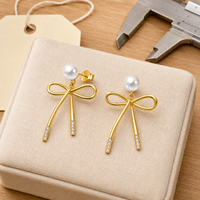 Anting Tusuk Wanita Perak Sterling 925 Berlapis Emas 18k Model Pita Mutiara Kerang, Laris Manis, Grosir Perhiasan