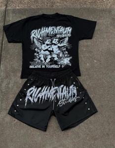 Herren Vintage Oversized Blanko T-Shirt Set Mit Individueller Logo-Stickerei Übergröße Dehnbarer 2-Teiliger Jogginganzug Mit Shorts Sommer Trainingsanzug - Product Image 2