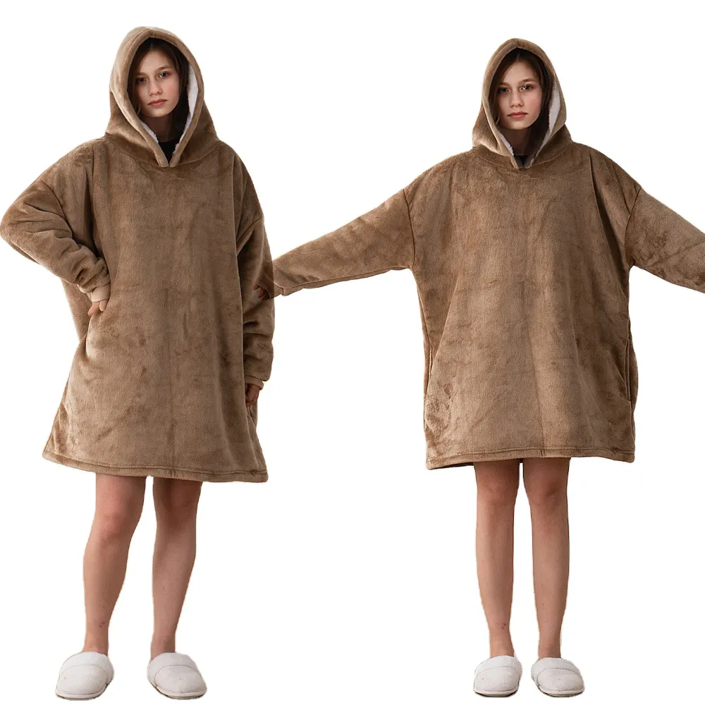 Wearable Pullover Blanket Oversized Hoodie Sweatshirt Cozy Warm Sherpa Sleeves Giant Pocket Hoodie Blanket Custom