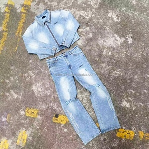 Zipper Denim Jacket and <b>Pants</b> Jogging Suit Jeans Set Manufacturer Custom Jeans Oversized Heavyweight 14 Oz Wash Raw Denim Set - Product Image 2
