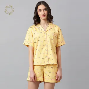Organic cotton printed 2 pc night suit sustainable women sleepwear pajamas short sleeve ladies loungewear eco friendly