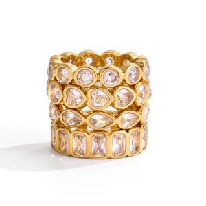 Anillos de circón cuadrados de gota de agua de corazón redondo de acero inoxidable chapado en oro de 18 quilates para mujer, joyería fina impermeable apilable R254542 - Product Image 1