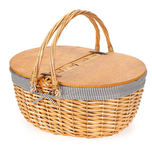 Natural Handmade Wicker Picnic Basket With Liner Wooden Split Lid Picnic Basket