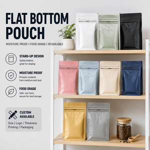 Sachet Doypack à fond plat, refermable, de qualité alimentaire, résistant à l'humidité, avec impression de logo personnalisée, laminé en feuille d'aluminium - Product Image 1