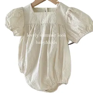 ブティック2024夏の新生児半袖ロンパース幼児の女の子刺Embroideryスクエアカラーバブルロンパース