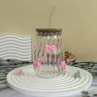 Couvercle mignon de tasse de paille en verre à gros ventre avec motif d'arc rose, tasse de thé au lait durable et résistante à la chaleur pour enfants