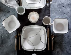 Service de table moderne en mélamine carrée, assiettes et bols à motif géométrique blanc, style minimaliste nordique, sans BPA - Product Image 3