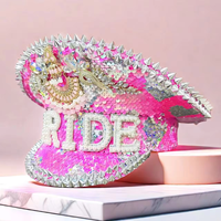 Casquettes de fête en gros, 3 MOQ, rose vif, à sequins, style chapeau de capitaine, avec couronne de perles et strass, pour enterrement de vie de jeune fille, mariage, plage et extérieur