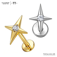 Clous d'oreilles en titane plaqué or TT ASTM F136 avec étoile scintillante, clous de piercing de style mode G23 de qualité implantable, labrets