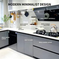 Meuble de cuisine moderne personnalisé en bois avec évier intégré, panneau mélaminé, crédence en contreplaqué et robinet à charnière, idéal pour appartement