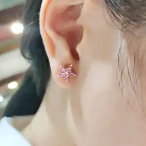 Women Earrings 2020 New 18K Solid White Gold Pink Sapphire Real VS Diamond Stud Earrings Women
