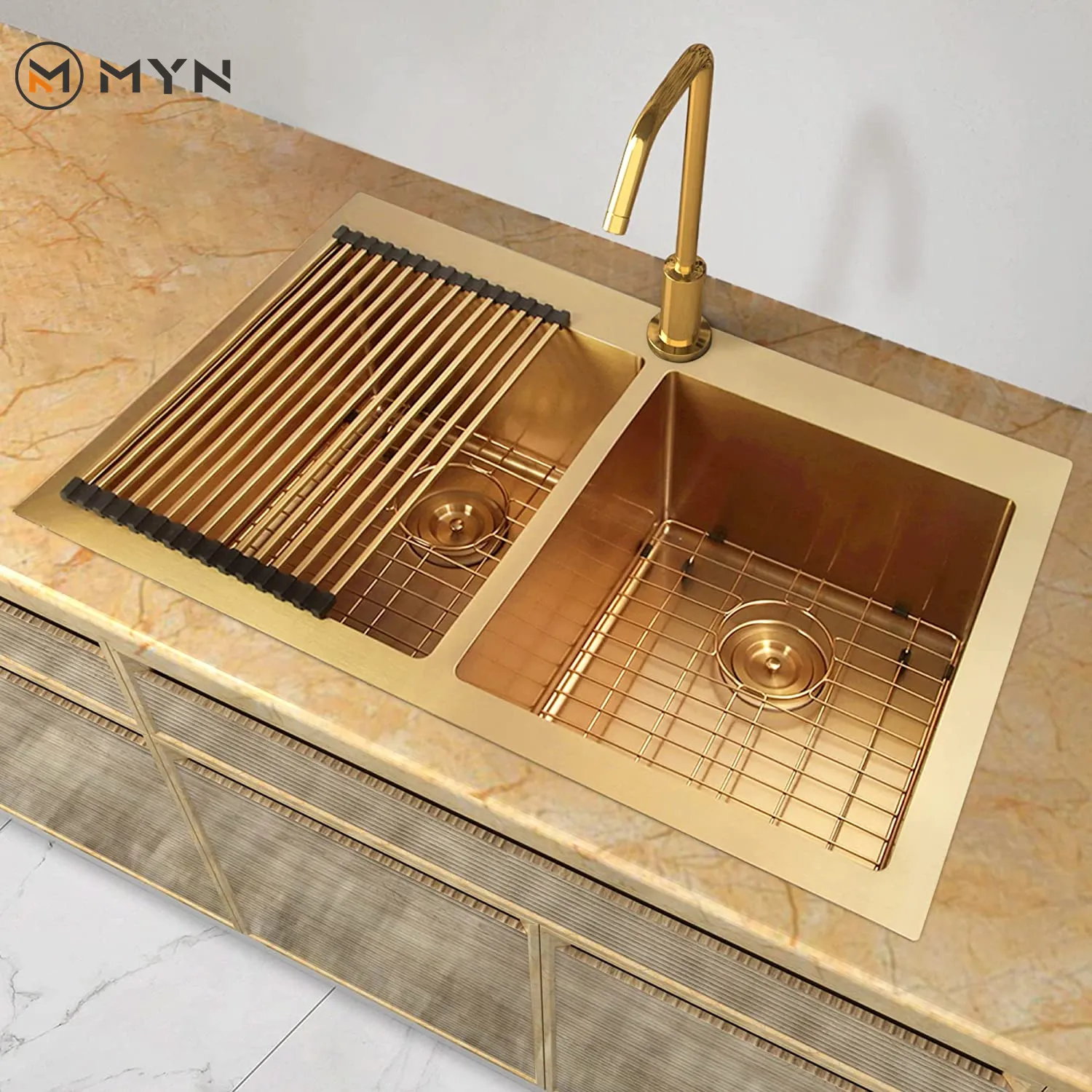 Factory New Trend 33*22 Inch Golden 304 Stainless Steel Kitchen Sink Gold Double Bowl Farmhouse Kitchen Basin