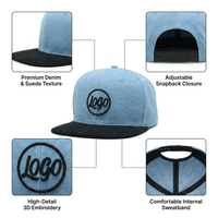 Topi Snapback Bordir Custom Dua Warna, Pinggiran Datar, Biru Muda Denim, Visor Suede Hitam, Dapat Disesuaikan, Gaya Hip Hop, Topi Baseball