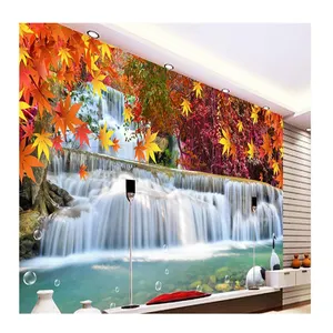 KOMNNI Fashion Personality Self-Adhesive Wallpaper Red Leaves Waterfall White Crane Tv Bedroom Background Wall 3d Wallpaper