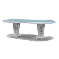 Ensemble de salle à manger d'extérieur moderne européen 7 pièces en rotin blanc, table ovale et chaises, mobilier de jardin résistant aux intempéries pour cour et parc