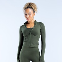 Jaket Fitness Lengan Panjang Berbahan Spandex/Nilon Ultra-lembut, Bernapas, Matte, Polos, Sederhana, Ketat, dan Ber-zip-up