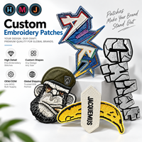 Écusson personnalisé HMJ, effet broderie 3D, logo en silicone TPU, étiquette thermocollante pour vêtements et accessoires.