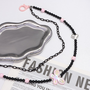 Cadena de cintura acrílica de doble capa con cuentas de mariposa para mujer, estilo hip hop, cuentas rosas y negras, cadena corporal de moda para uso diario. - Product Image 3