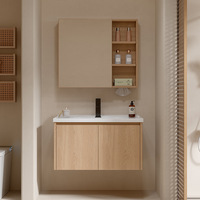 Meuble de salle de bain élégant en aluminium nid d'abeille grain chêne clair avec 2 portes, miroir, étagère ouverte et lavabo en céramique anti-traces de doigts