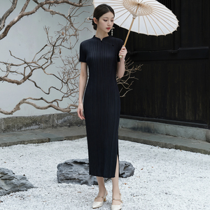 Casual Romantic Collar Pencil <b>Dress</b> Ruched Pleated Midi <b>Dress</b> Solid Color Woven Polyester Breathable <b>Elastic</b> Waist Anti-Wrinkle - Product Image 3