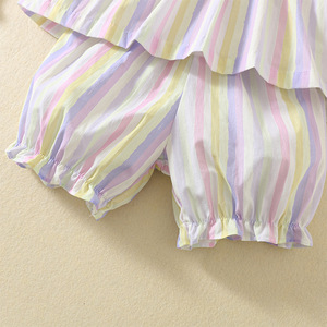 Nuovo Stile Estivo <span class=keywords><strong>Set</strong></span> Smock per Bambine, Completo Due Pezzi in Cotone con Top e Pantaloncini, <span class=keywords><strong>Set</strong></span> <span class=keywords><strong>Compleanno</strong></span> a Righe Viola - Product Image 5