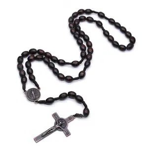 Wooden Rosary 2022 Komi Wholesales Brown Wood Beads Necklace Religious Jewelry Crucifix Pendant Rosary Necklace