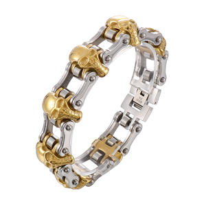 KALEN – Bracelet de motard Punk en acier inoxydable pour homme, 215mm, or/argent/crâne noir - Product Image 6