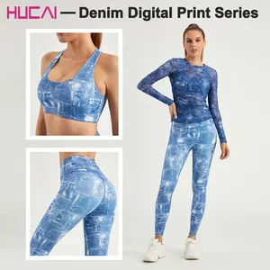 Hucai Custom Polyester Spandex Ademende Sterkte Mesh Doorschijnend Lichtgewicht Jeans Sublimatie Print Yoga Gym Shirt