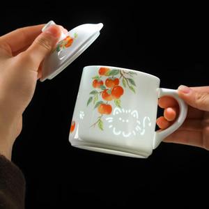 Taza de Cerámica Jingdezhen con Tapa - Diseño Pintado a Mano de Caqui y Gato, Taza Estética para Uso Personal y Regalo - Product Image 4