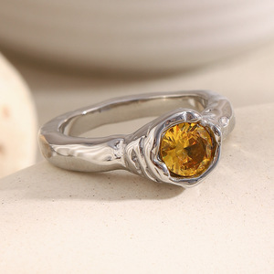 Stainless Steel Irregular Hammered Texture <b>Ring</b> 18K Gold Plated Yellow Zircon Inlay Vintage <b>Statement</b> Finger <b>Ring</b> For Women - Product Image 4