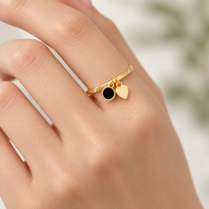 Gold and Black Double Charm <b>Ring</b> with Round Disc Heart Pendant and Scattered Clear Band Accents - Product Image 4