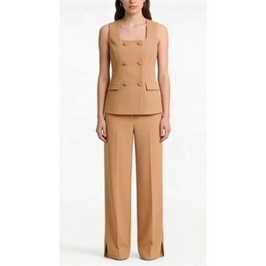 Conjunto de Chaleco Cruzado con Cuello Cuadrado y Pantalones de Pierna Ancha para Mujer - Traje de Oficina sin Mangas de 2 Piezas a la Moda - Product Image 1