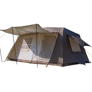 Tenda Glamping portabel anti air, tenda keluarga besar otomatis dua lapis tahan air dengan 2 pintu dan 2 kamar untuk berkemah luar ruangan