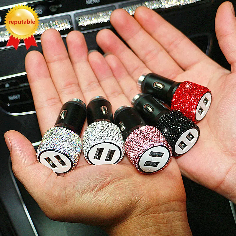 Bling Bling Dual USB Car Adapter Multiple Ports Rhinestones Crystal Fast Charging Phone Quick Charge Diamond Car Charger Android