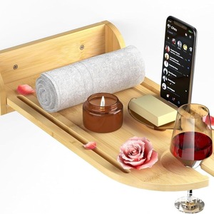 Plateau de bain en bambou avec support mural pliable pour téléphone et vin, organiseur de rangement pour aromathérapie et savon de salle de bain - Product Image 2