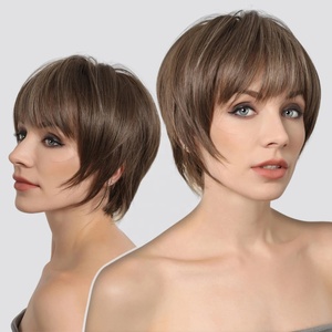 Pelucas Cortas Sintéticas para Mujer, Corte Pixie, Marrón con Mechas Rubias, Pelucas Bob con Flequillo, Resistentes al Calor, para Cosplay, Fiestas, Cabello Postizo - Product Image 1