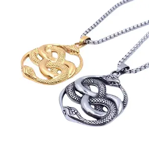 Stainless Steel Double Snake Necklace Never Ending Storys Serpent Snake Infinity Knot Fashion Pendant