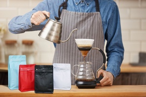 Sachets de café à fond plat avec fermeture éclair, valve refermable, résistants à l'humidité, en aluminium laminé Mylar, impression sérigraphique, qualité alimentaire - Product Image 1