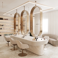 Design d'intérieur de salon de coiffure de luxe, mobilier de salon de beauté sur mesure, stations incurvées style crème, clé en main, LED, écologique