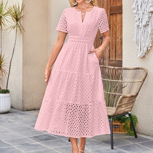 เดรสยาวแขนสั้นคอวีลายฉลุจีบระบายแฟชั่นสำหรับผู้หญิง - Product Image 4