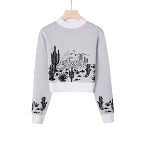 เสื้อครอปแบบสวมหัวคอกลมสำหรับผู้หญิงสเวตเตอร์ผ้าถักแจ็คการ์ดสำหรับฤดูหนาวผ้าคอตตอน100% - Product Image 1