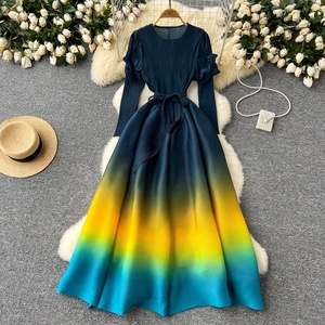 Nuevo Vestido Casual <span class=keywords><strong>de</strong></span> Moda con Pliegues Degradados y Estampado Floral, Talla Grande, Cintura Elástica, Vestido Largo Elegante con Pliegues - Product Image 4
