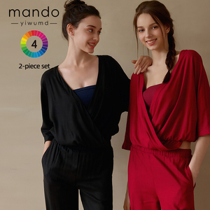 Set in Lino Personalizzato con Design di Alta Qualità, Top a Maniche Medie con Scollo a V Incrociato e <span class=keywords><strong>Pantaloni</strong></span> in Lino per Sport - Product Image 4