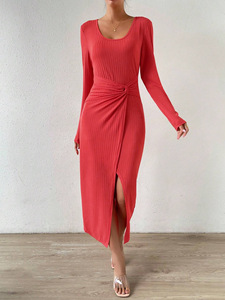Abito a Maniche Lunghe <span class=keywords><strong>in</strong></span> Stile Francese per Donne <span class=keywords><strong>con</strong></span> Design a Vita Intrecciata, <span class=keywords><strong>Vestito</strong></span> Aderente Rosso al Ginocchio <span class=keywords><strong>con</strong></span> <span class=keywords><strong>Spacco</strong></span> Alto - Product Image 3