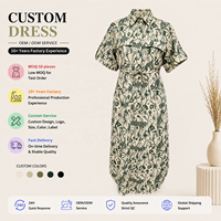 Robe chemise midi tissée à imprimé floral pour femme, manches courtes, taille nouée, col botanique vert, boutonnée sur le devant, décontractée et élégante pour l'été