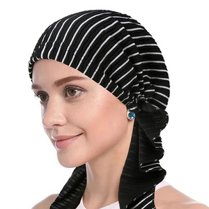 Cappello turbante da <span class=keywords><strong>donna</strong></span> a strisce nere su misura per la fabbrica di Stock musulmano con fondo Hijab berretto etnico <span class=keywords><strong>Bandana</strong></span> - Product Image 4
