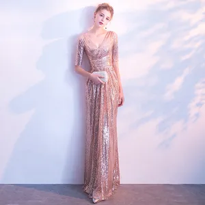 새로운 도착 파티 칵테일 드레스 패션 섹시한 V-넥 웨이스트 긴 가운 가벼운 럭셔리 골드 스팽글 레이스 이브닝 가운 여성용
