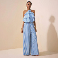 Combinaison pour femme à rayures imprimées STOCK, combinaison à jambes larges avec fleurs 3D, tenue une pièce grande taille, tailles S-XXL